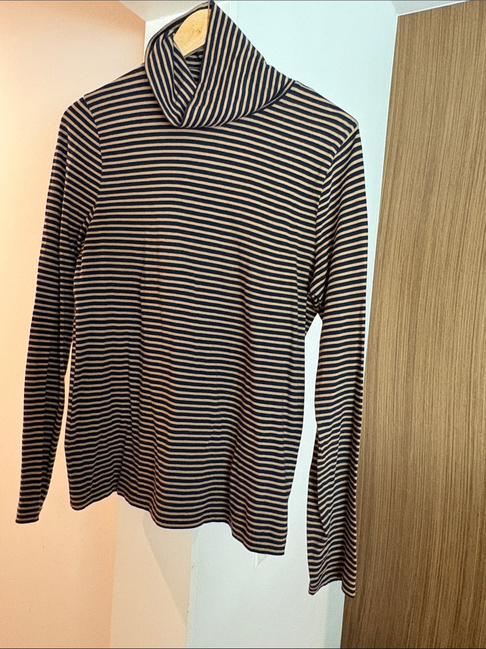 J Crew:  Tissue Turtleneck, Size Large, Navy w/ Tan Stripes